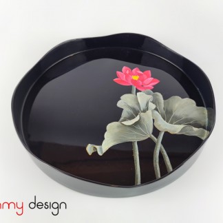 Dark blue round lacquer tray hand-painted with pink lotus/ Size 33cm